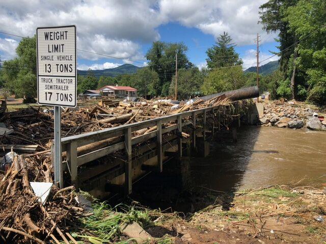 Bethel Bridge on the Pigeon River incurred significant damage from Tropical Storm Fred. (Photo courtesy Mountaineer Publishing Inc.)