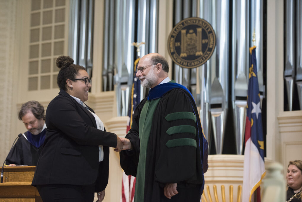 Dean Bierman provides a warm welcome during the New Law Student Convocation in 2018.
