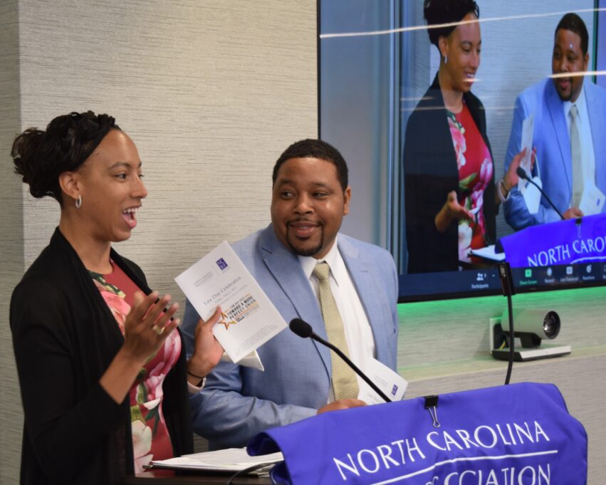 Co-chairs Sidney Thomas and William Walton provide closing remarks at Law Day ceremony.