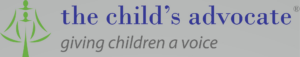 The Child's Advocate logo reads "The Child's Advocate" in lowercase blue font followed by "giving children a voice" in the second line in a grey italic font. A logo appears in green on the left side of the image. The logo shows a silhouette of a larger person and the silhouette of a smaller person. The whole image of the green logo resembles a tree.