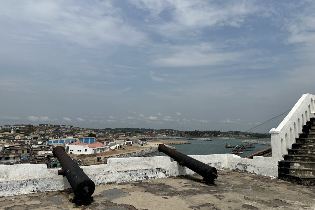 Two black cannons are on the edge of a white railing, where the coast and town are visible in the background.