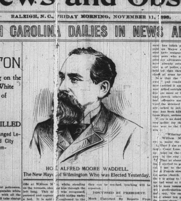 The News and Observer article includes a photograph of Waddell, a white man with dark hair and a beard. The headline reads, "The New Mayor of Wilmington Who was Elected Yesterday."