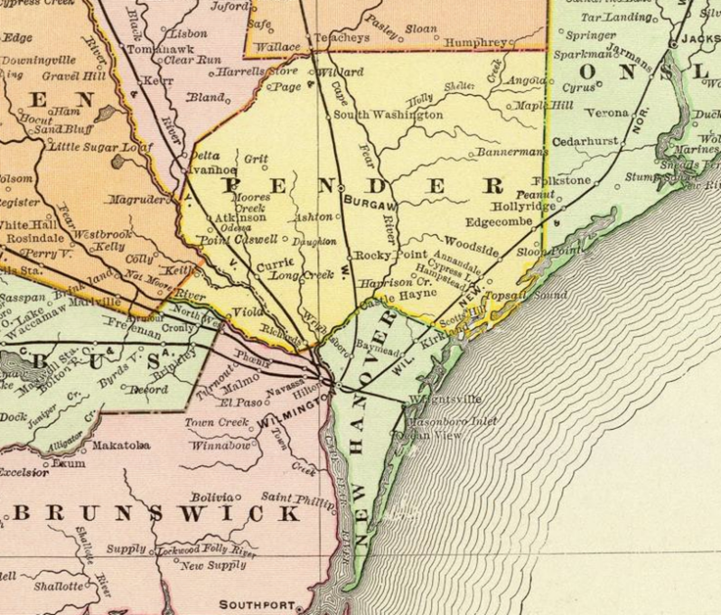 In this picture, the outline of Pender and New Hanover is pale yellow. In the pre-1875 map, New Hanover extended from the rectangular upward portion to the triangular downward portion. The upper rectangular portion is now named "Pender." The triangular tip of New Hanover from the pre-1875 map is now named "New Hanover."