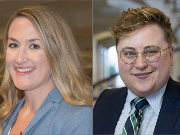 Alex Rogers, a white woman with blond hair, wears a blue suit. Collins Saint, a person with brown hair, wears a pale blue shirt, navy suit, and green and blue striped tie.