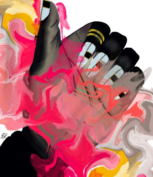 This is a photo of Nicky's digital artwork. It depicts the hand of a Black person. The hand is slightly curled so that the fingernails are shown. The fingernails are blue with black squares. Swirls of coral, pink, appear in and over the hand.