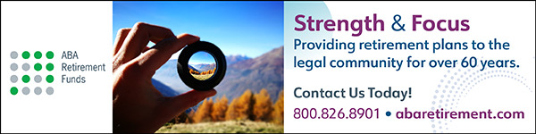 The advertisement reads, "Strength & Experience: Retirement and financial wellness planning for your employees. Contact us today! 800-826-8901, abaretirement.com"