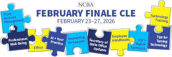 The image reads, "February Finale CLE: February 23-27, 2026." There are images of puzzle pieces with different CLE topics on them: trust account management, professional well-being, ethics, Ai-your practice.