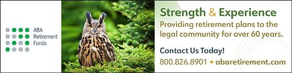 The ad reads "Strength and Experience: providing retirement plans to the legal community for over 50 years. Contact us today! 800-826-8901." The website is abaretirement.com.