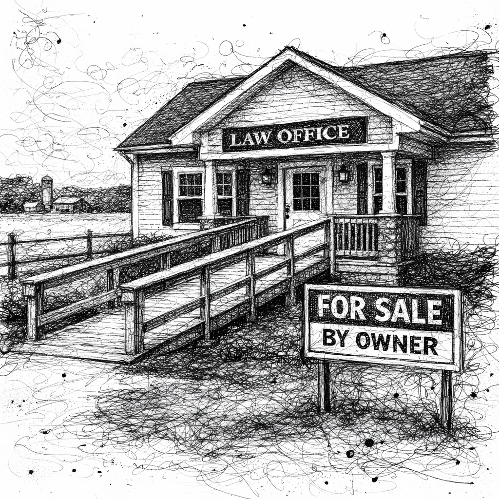a rural law office with a "for sale by owner" sign in front