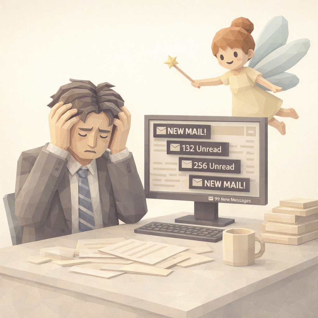 A stressed out lawyer looks at their inbox with a fairy waiting to add quick steps to help