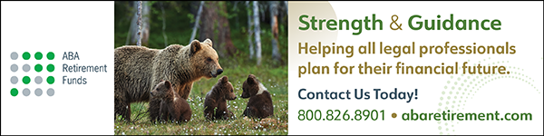 The ad reads "Strength and guidance: Helping All Legal Professionals plan for their financial future. Contact us today! 800.826.8901"