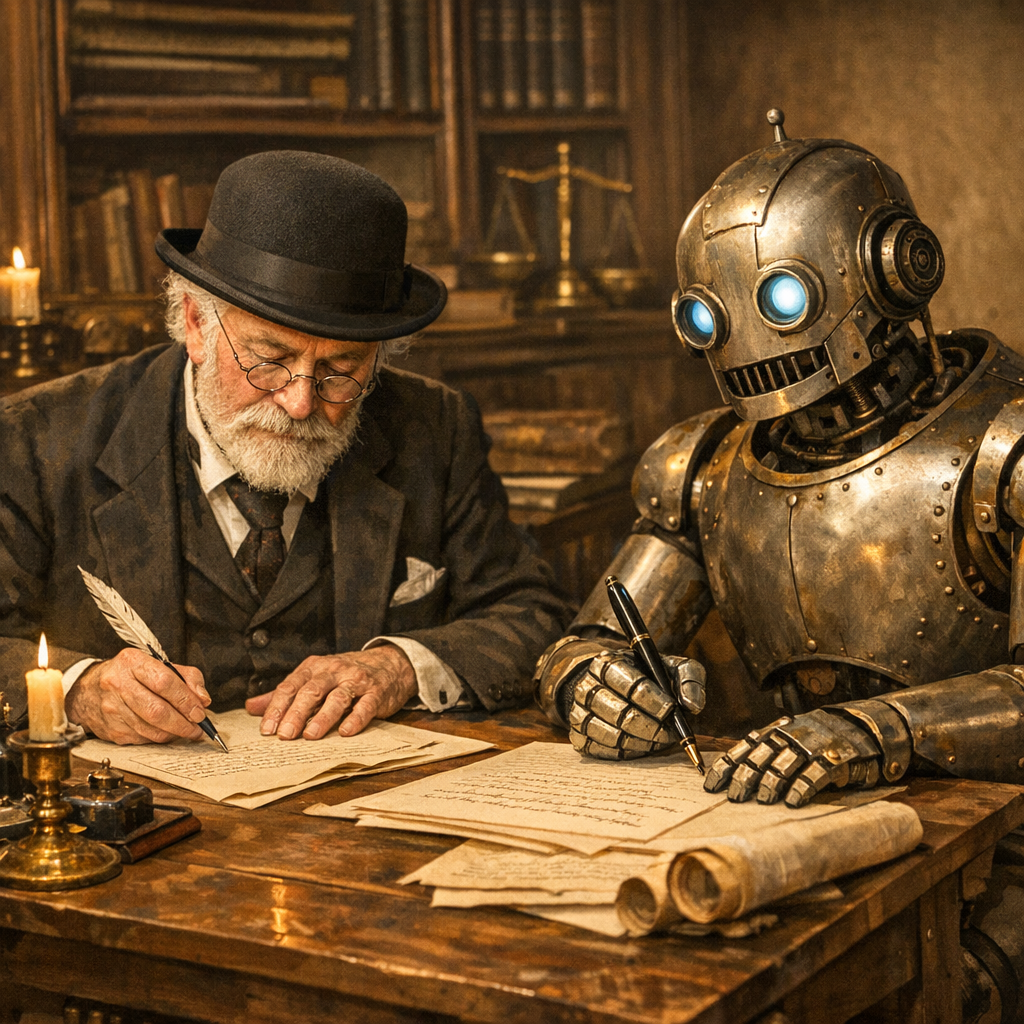 create an image depicting an old fashioned lawyer with a robot assistant writing a memo