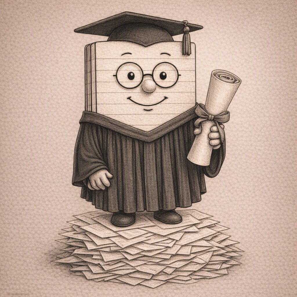 an anthropomorphic notebook holding a diploma